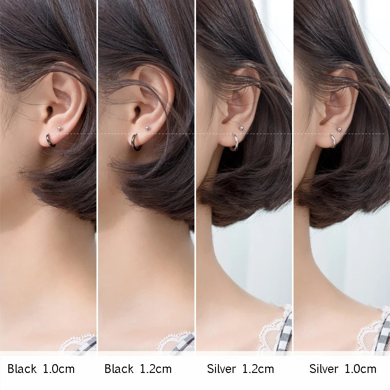 TrustDavis  100% 925 Sterling Silver Black Geometric Smooth Surface  Hoop Earrings For Women Fashion Silver 925 Jewelry DA432