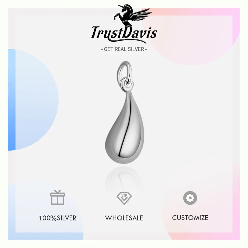TrustDavis Real 925 Sterling Silver Necklace Bracelet Pendant Smooth Water Drop Handmade DIY Accessories Jewelry DZ891