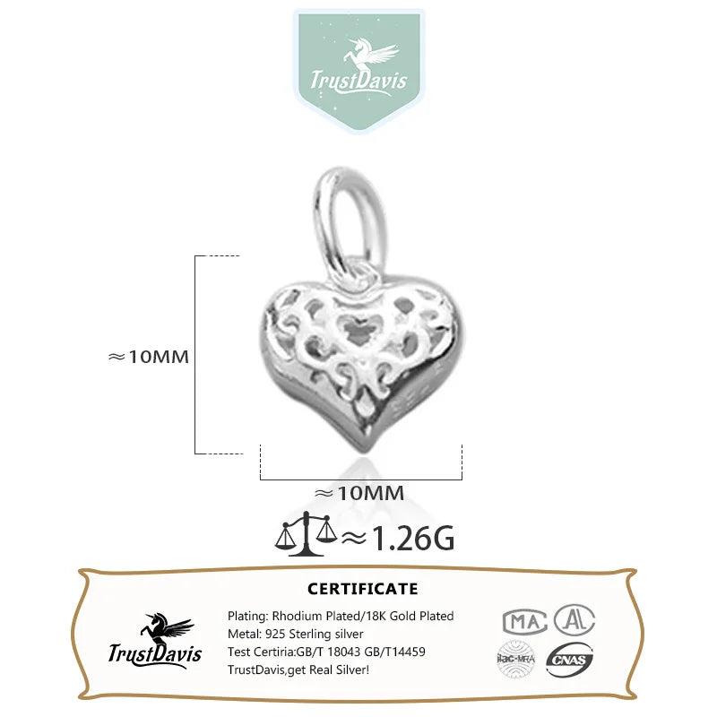 TrustDavis New Real 925 Sterling Silver Fashion Simple Hollow Heart Charm Pendant Handmade DIY Accessories Wholesale DZ1723
