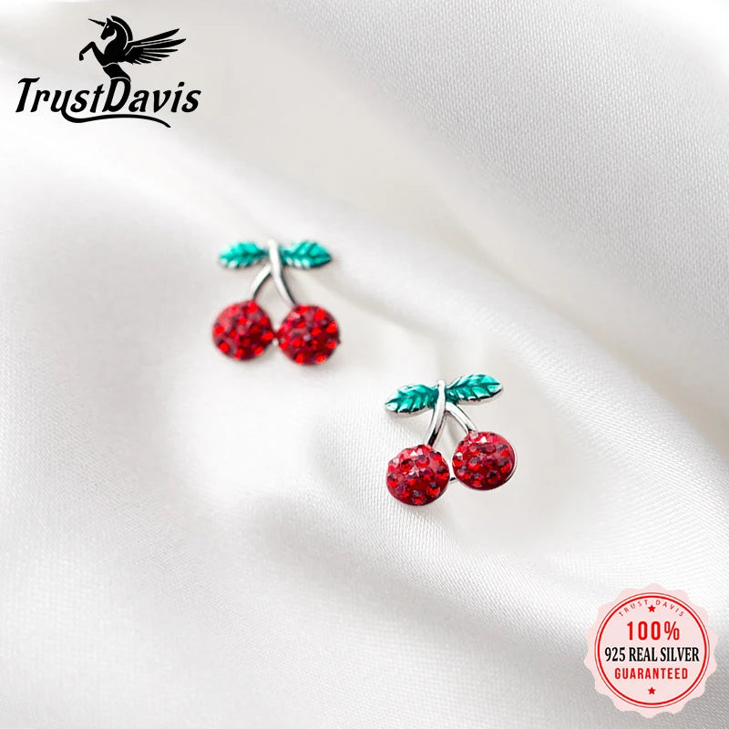 Trusta Genuine 925 Sterling Silver Fashion Sweet Red CZ Cherries Stud Earring For Women Wedding Silver 925 Jewelry Gift DA600