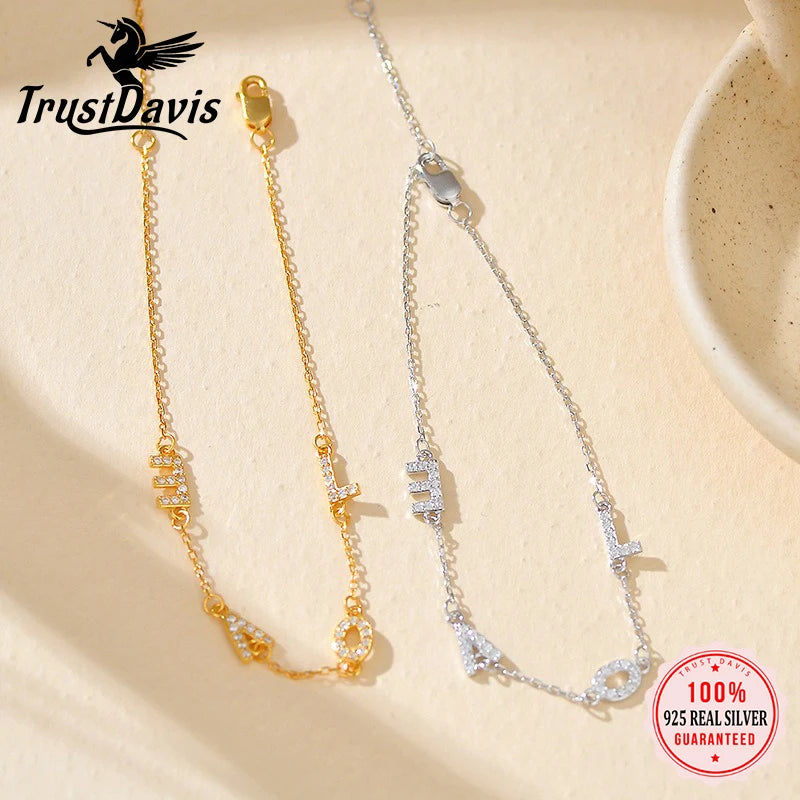 TrustDavis Girls 925 Sterling Silver Fashion Sweet LOVE letter zircon bracelet for Women Girl  Birthday Gift Fine Jewelry DS4706