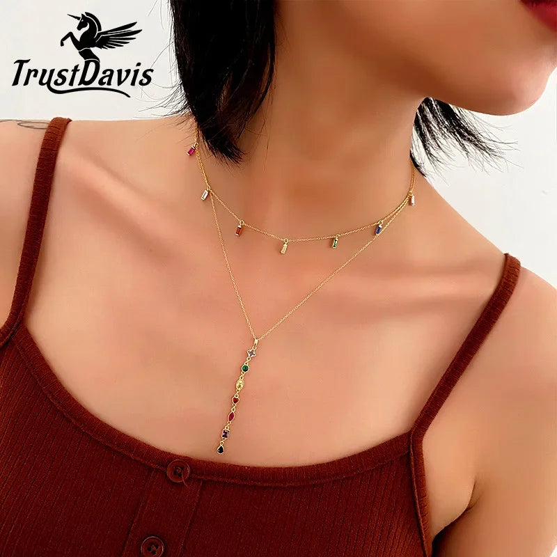 TrustDavis Real 925 Sterling Silver Sweet INS Tassel Colour CZ Stone Necklace For Women Wedding Party Fine S925 Jewelry DA1730