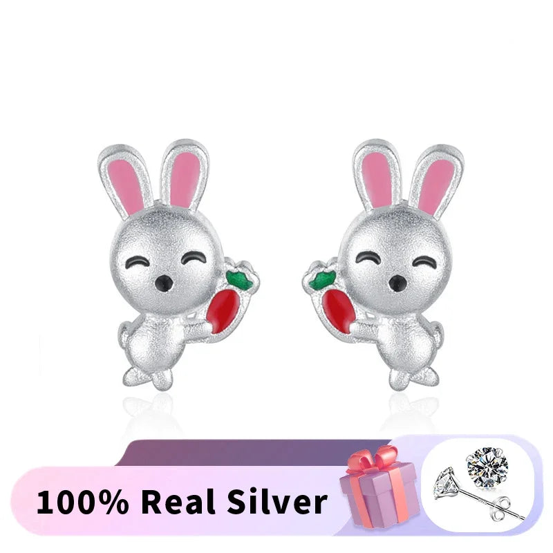 TrustDavis Real 925 Sterling Silver Kids Earring Frosted Rabbit Carrot Stud Earrings For Daughter Girls Fine Jewelry Gift DS3213