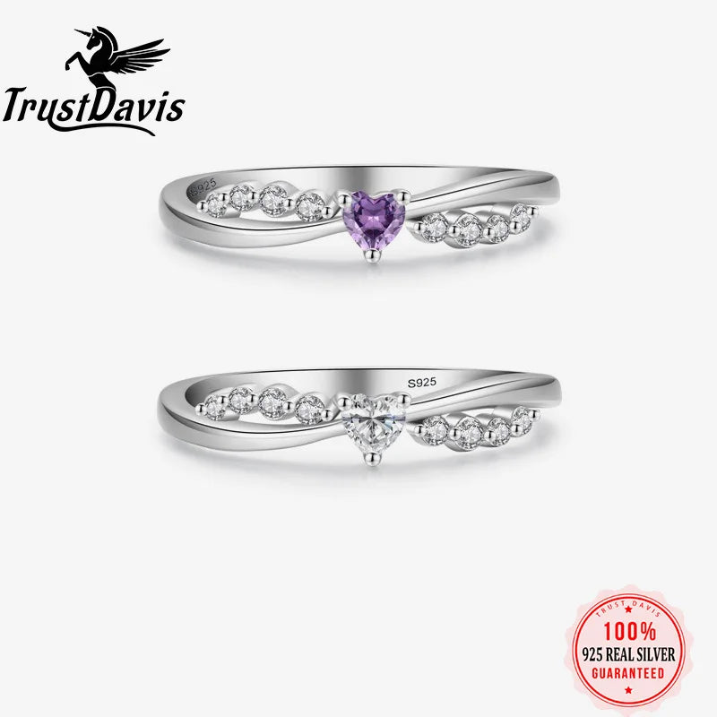 TrustDavis Real 925 Sterling Silver Women's Fashion Purple Cross Heart Shaped Zirconia Ring for Women Girls Jewelry Gifts DS4240