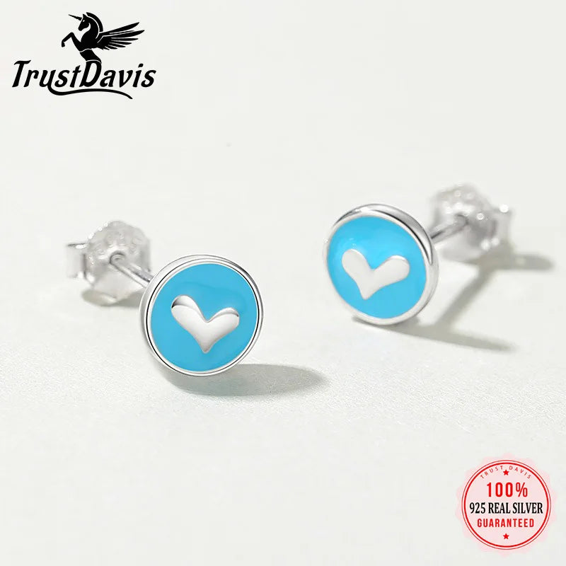 TrustDavis 925 Sterling Silver Women's Earrings Fashion Simple Round Blue Heart Earrings for Women Girls Jewelry Gift DS4359