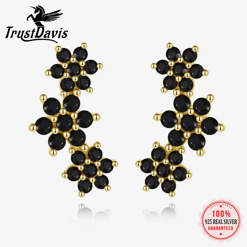 TrustDavis Real 925 Sterling Silver Earring 18K Gold Black CZ Earrings Jewelry Wedding Anniversary Party Gift DF058