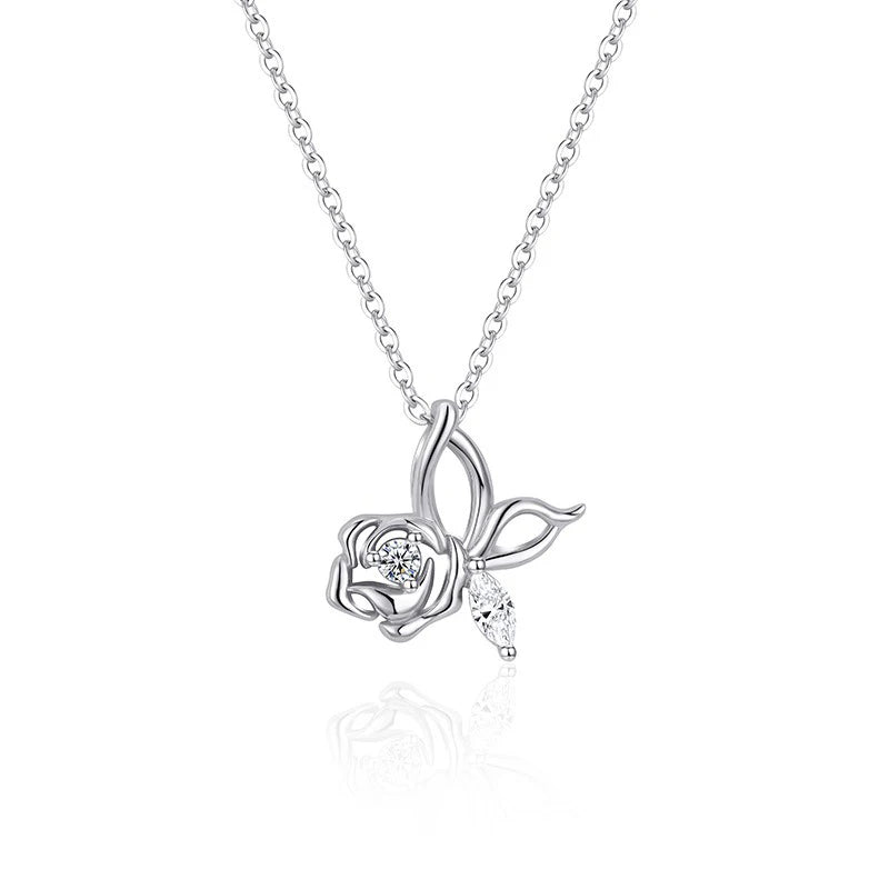 TrustDavis 925 Sterling Silver Women's Fashion Zircon Simple Rose Butterfly Zircon Necklace for Women Girls Jewelry Gift DS4435