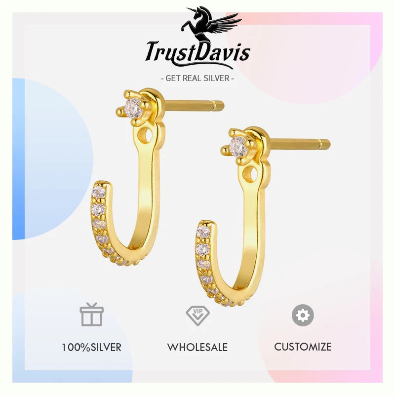 TrustDavis Real 925 Sterling Silver Fashion Sweet J-shaped Zircon Earrings for Women Girls Christmas Jewelry Gift DS4709