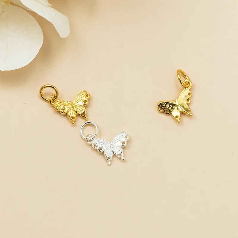 TrustDavis New Fashion Real 925 Sterling Silver Fashion Golden Butterfly Charm Pendant Handmade DIY Accessories Jewelry DZ1802