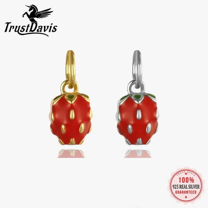 TrustDavis Real 925 Sterling Silver Personality Fashion Sweet Strawberry Charm Pendant Handmade DIY Accessories Jewelry HY013