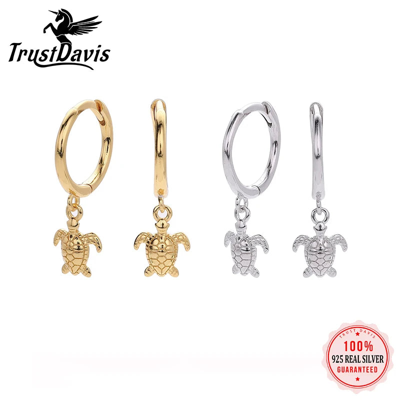 TrustDavis Real 925 Sterling Silver Women's Fashion and Simple Marine Animal Turtle Drop Earrings for Women Gift Jewelry DS4461