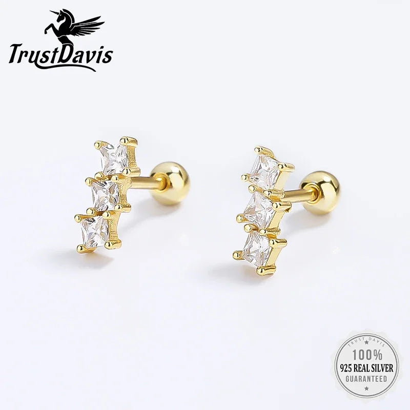 TrustDavis Real 925 Sterling Silver Fashion Dazzling CZ Bead Screw Stud Earrings For Women Valentine's Day Fine Jewelry DG0028