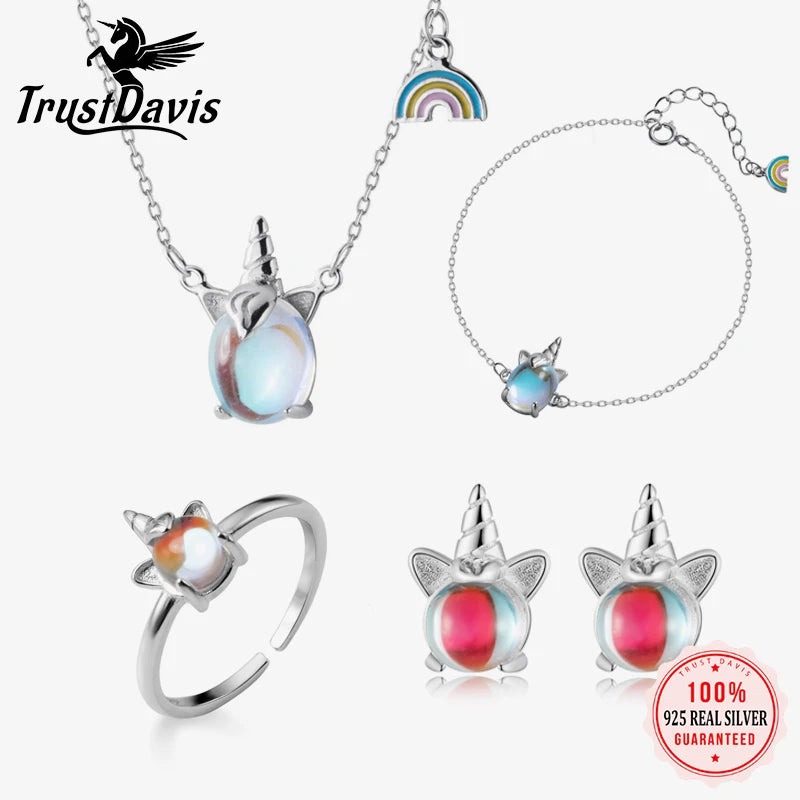 Trustdavis Girls Real 925 Sterling Silver Moonstone Unicorn Stud Earrings Mum Daughter Birthday Party Gift Jewelry  DS4356