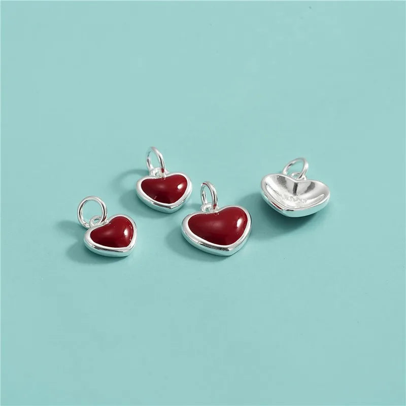 TrustDavis 925 Sterling Silver Fashion Classic Red Enamel Heart Pendant DIY Necklace Bracelet Accessories Fine Jewelry DZ1850