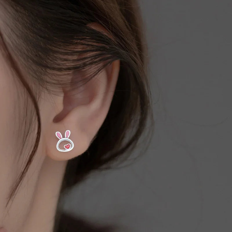 TrustDavis Real 925 Sterling Silver Kids Earring New Cute Heart Rabbit Stud Earrings For Daughter Girls Fine Jewelry Gift DG0193
