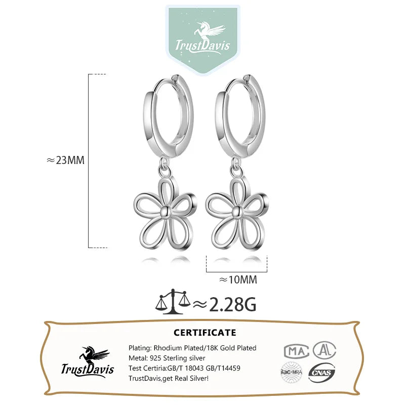 TrustDavis Real 925 Sterling Silver Minimally Hollowed Out Flower Hoop Earring for Women Wedding Birthday Fine Jewelry DS4123