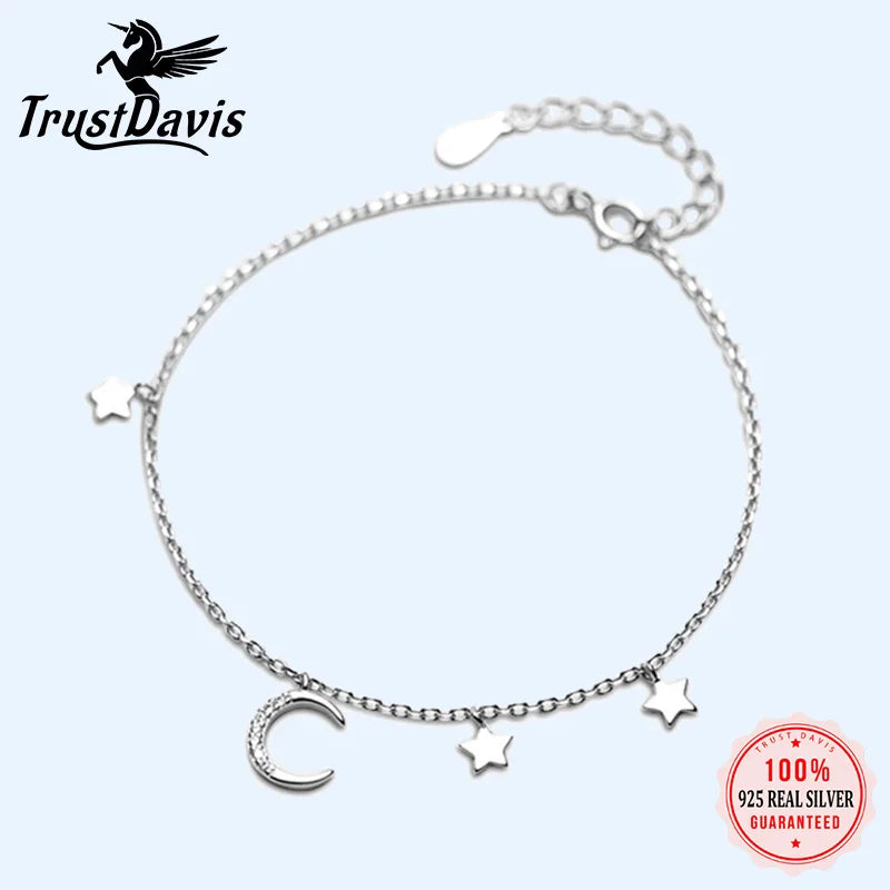 Trustdavis 925 Sterling Silver Bracelet  CZ Stone Moon&Stars Real Silver Wholesale Jewelry Women Girls Friendship Gift DS1546