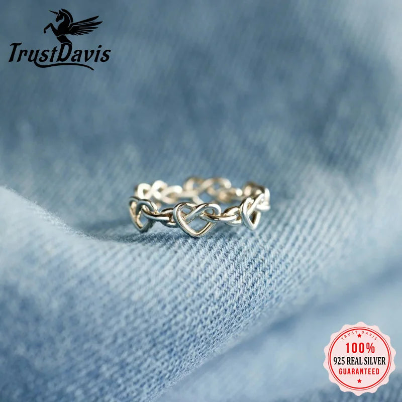 Trustdavis S925 Sterling Silver Heart lines ring Opening Ring For Women Wedding Valentine's Day Fine Jewelry DS4424