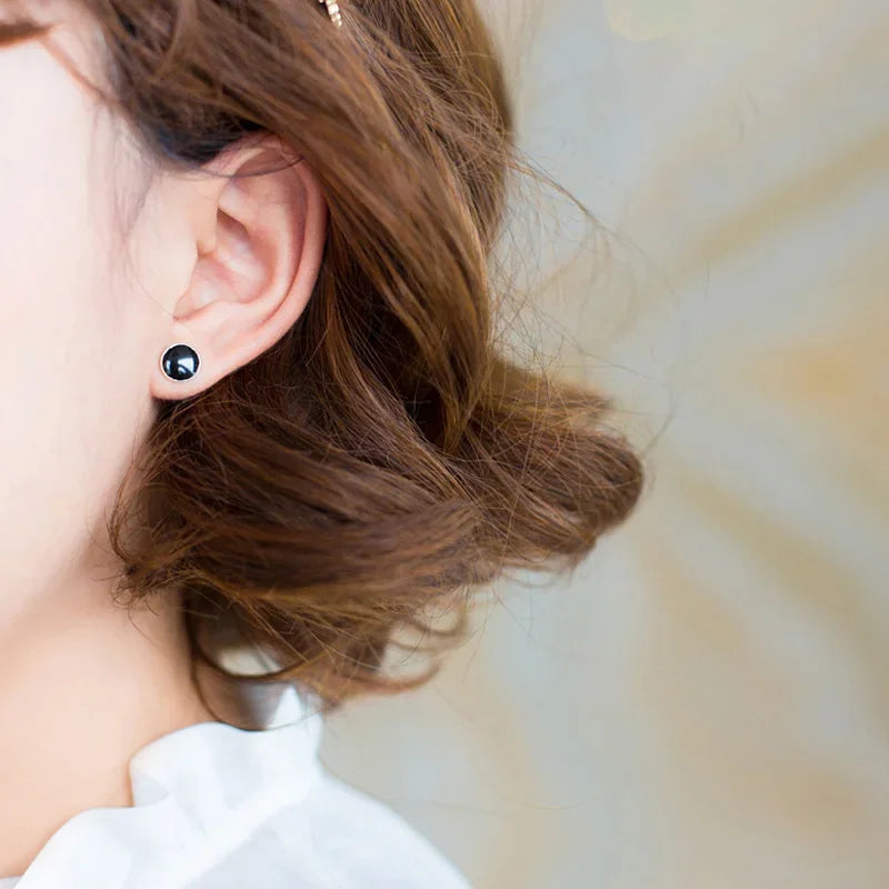 TrustDavis 925 Solid Real Sterling Silver Jewelry 4mm 6mm 8mm Black Round Stud Earrings For Women Girls Silver Jewelry DS1210