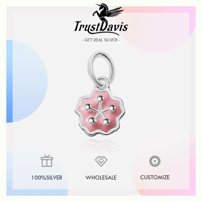 TrustDavis  Real 925 Sterling Silver Fashion Sweet Glaze Pink Blue Flower Charm Pendant Handmade DIY Accessories Jewelry DZ93