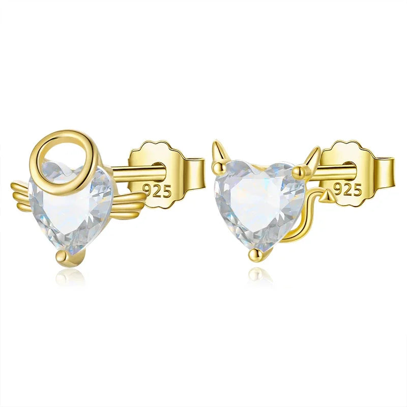 TrustDavis Real 925 Sterling Silver Stud Earrings for Women Asymmetrical Heart Shiny CZ Wedding Valentine's Day Jewelry DA2859