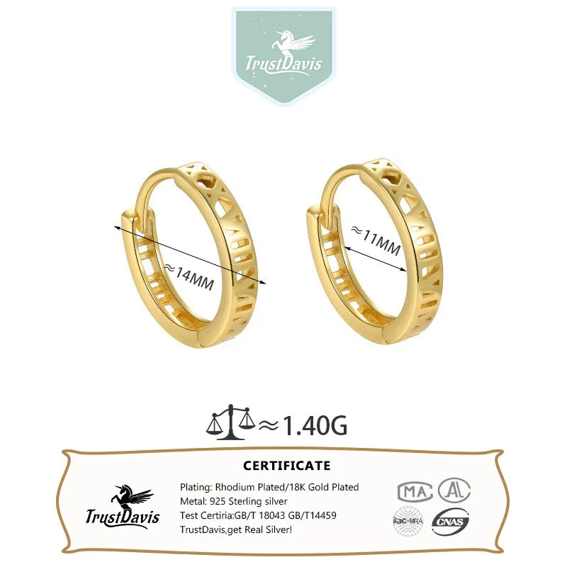 TrustDavis 925 Sterling Silver Women's Fashion Hollow Roman Numeral Hoop Earrings for Women Girls Jewelry Gift DS4336