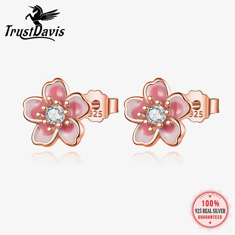 Trustdavis Real 925 Sterling Silver Sweet and Fresh Flowers Stud Earrings Women Girls  Birthday Party Gift Jewelry DS4129