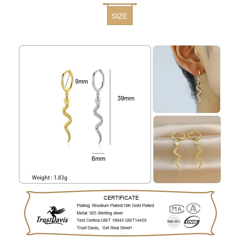 TrustDavis Real 925 Sterling Silver Hoop Earrings For Women Wedding Valentine's Day Animal Snake Dangle Earring Jewelry DA511