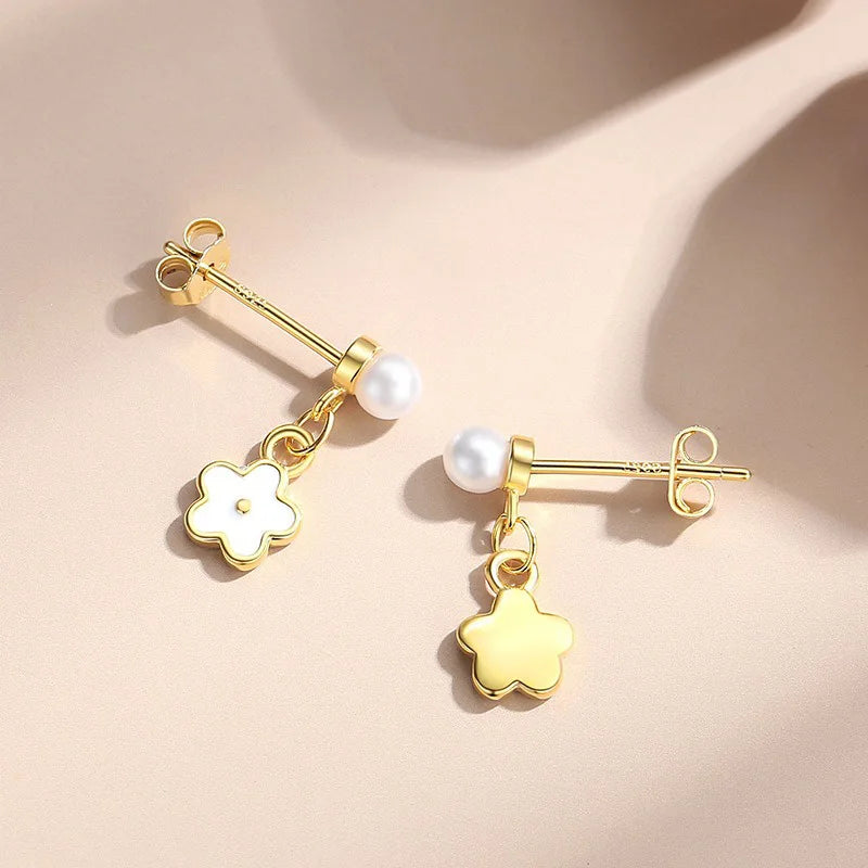 TrustDavis 925 Sterling Silver Women's Fashion Sweet Flower Pearl Drop Earrings for Women Girls Jewelry Gift DS4366