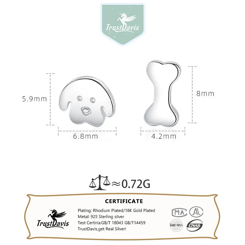TrustDavis 925 Sterling Silver Women's Fashion Asymmetrical Funny Dog Love Bone Earrings for Women Girls Jewelry Gift DS4365