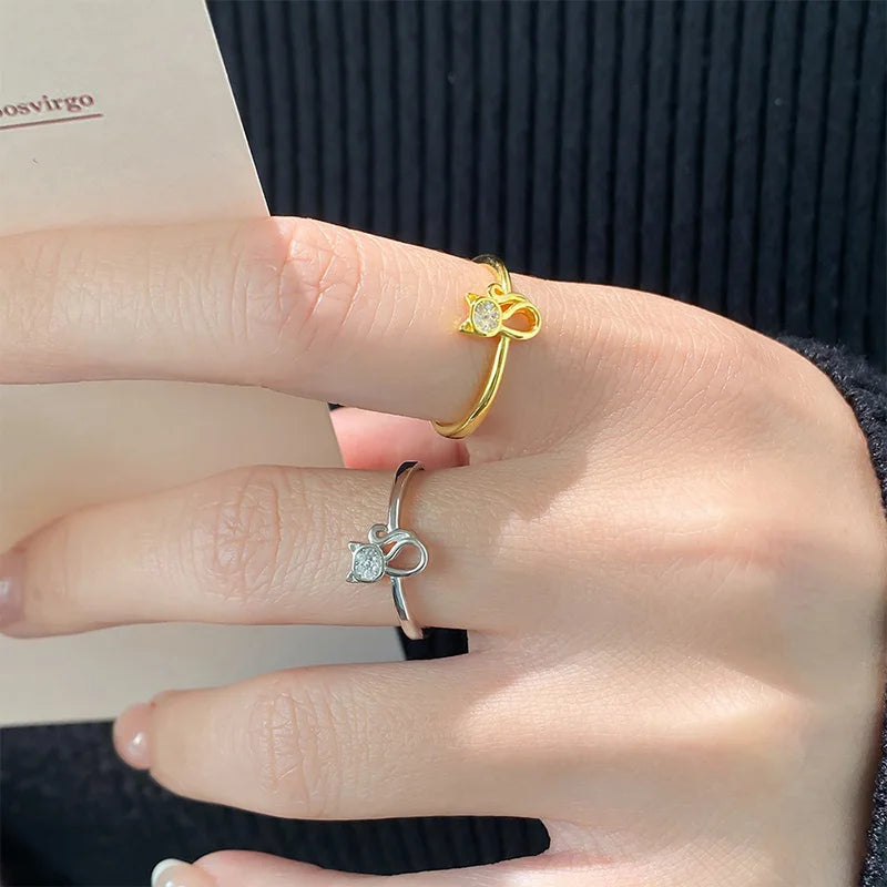 TrustDavis Real 925 Sterling Silver Fashion Cat with Zirconr Ring lAdjustable Ring for Women Wedding Party Fine Jewelry DS4173