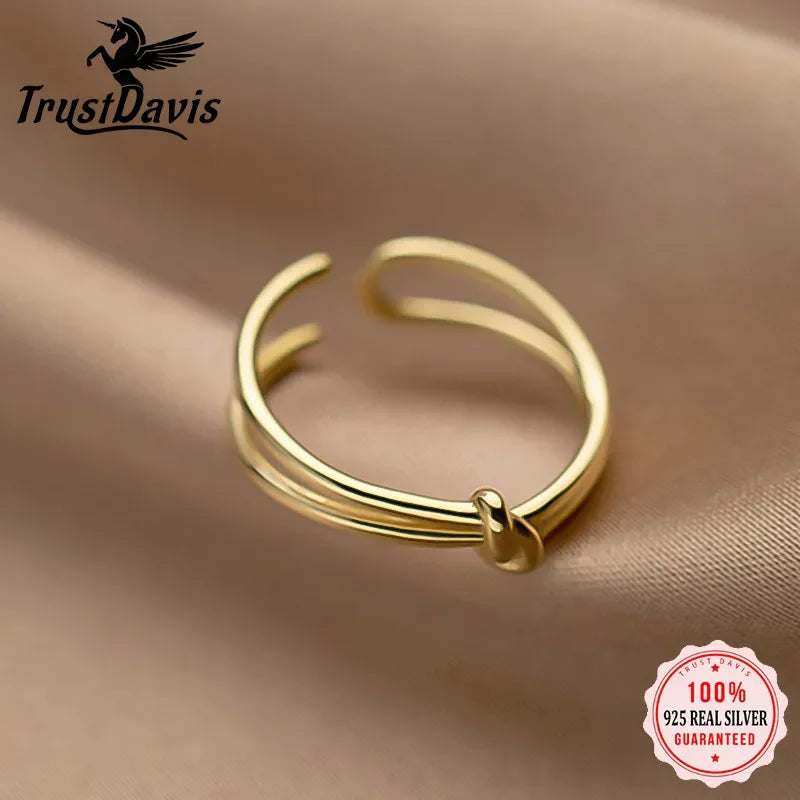 TrustDavis New Genuine 925 Sterling Silver Fashion Sweet Double Knot Opening Ring For Women Wedding Party Fine Jewelry DB397