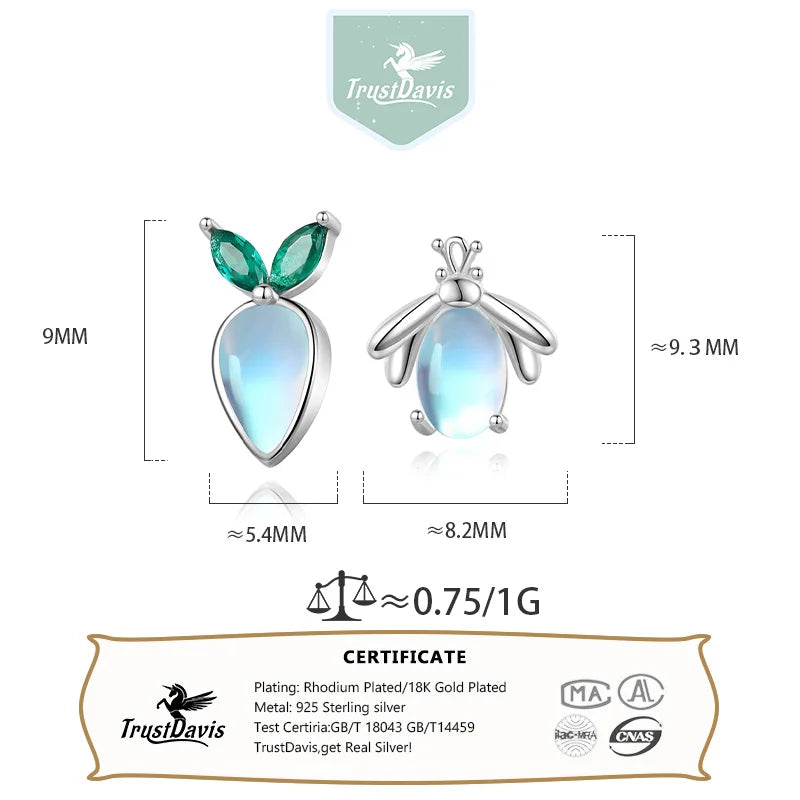 TrustDavis Real 925 Sterling Silver Fashion Moonstone Radish Firefly Stud Earrings for Daughter Girls Fine Jewelry Gift  DZ1707
