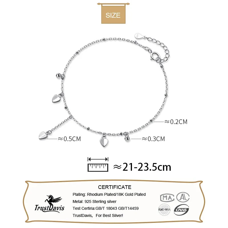 TrustDavis Real 925 Sterling Silver Fashion Sweet Tassel Beads Heart Anklets For Women Wedding Fine Silver 925 Jewelry DA1750