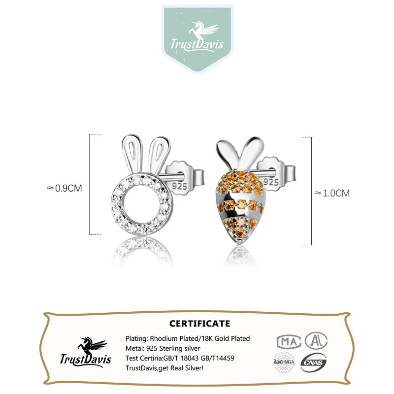 Trustdavis Girls 925 Sterling Silver Cute Rabbit Carrot Stud Earrings Birthday Gift for Mom Daughter Kids Silver Jewelry DS4014