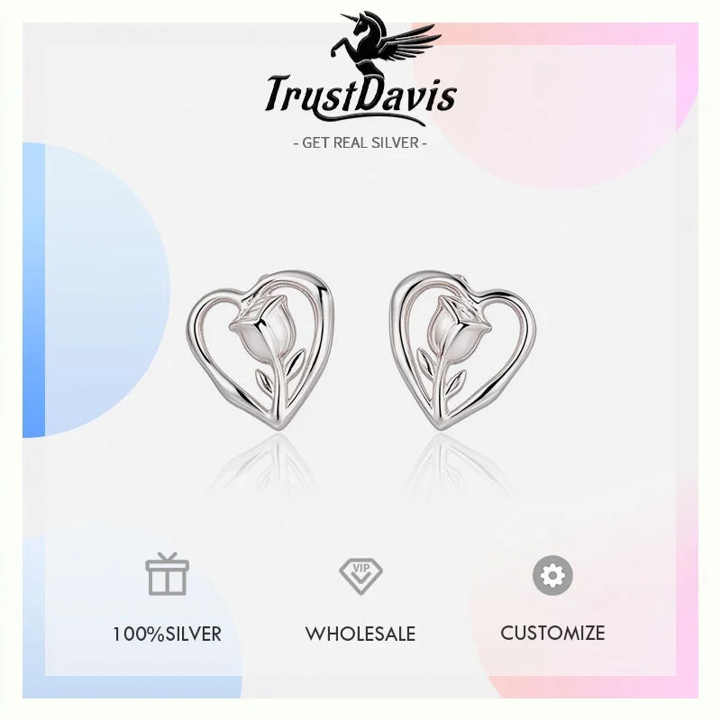 Silver Heart-Shaped Rose Stud Earrings DS5013