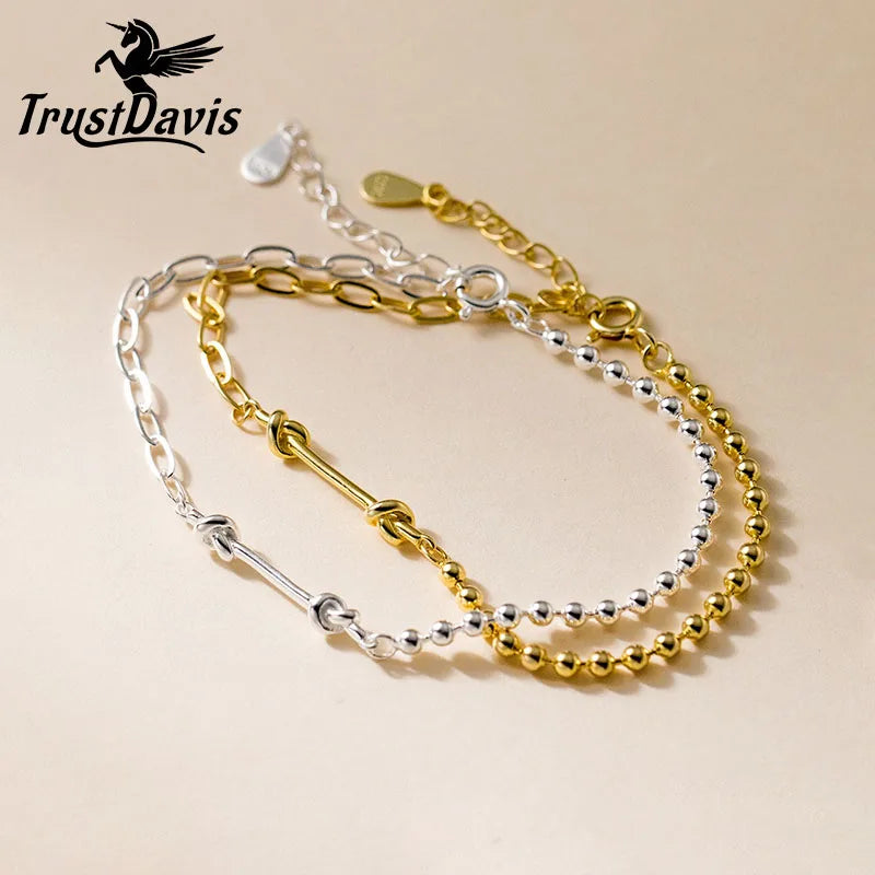 Trustdavis Genuine 925 Sterling Silver Minimalist Charm Shiny Knotted Bead Bracelet Wedding Party Jewelry Gift DS4099