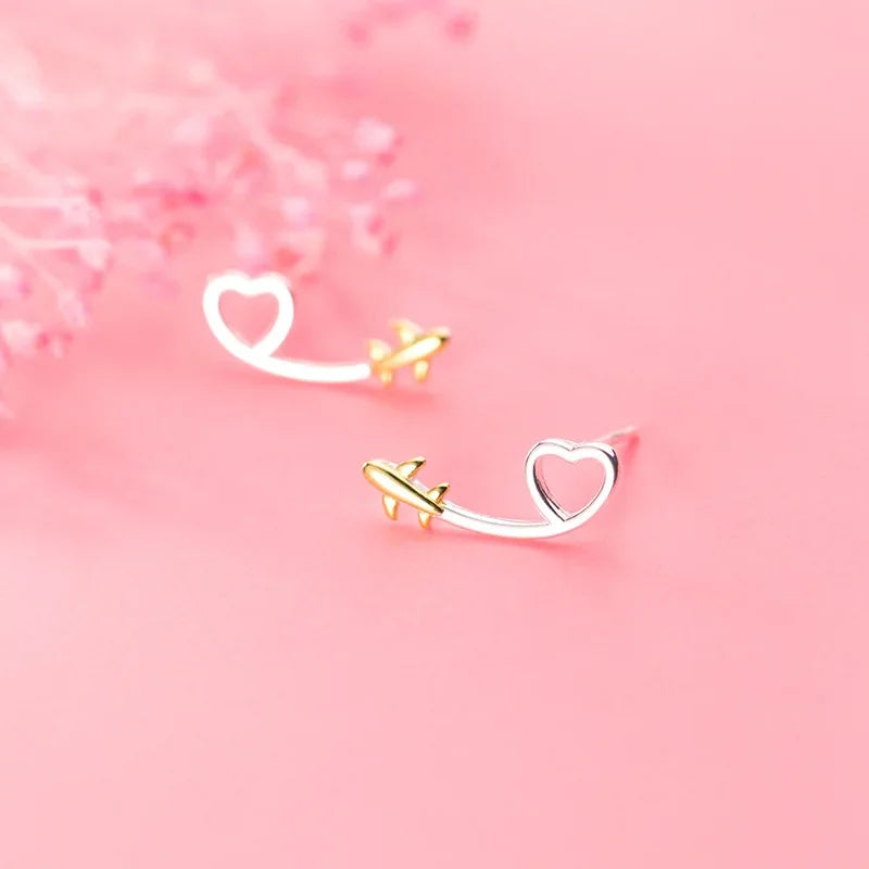 TrustDavis 925 Sterling Silver Earring Jewelry Hollow Heart Plane Stud Earrings Birthday Gift For Women Silver 925 Jewelry DA801
