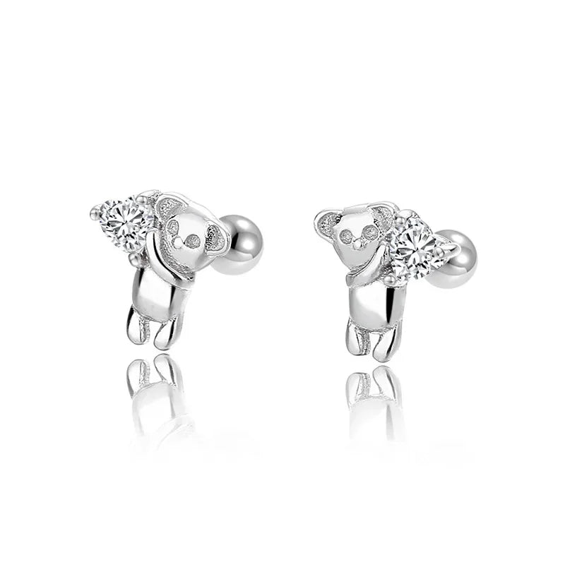 TrustDavis Real 925 Sterling Silver Earring Love Animal Bear Heart CZ Screw Stud Earrings for Daughter Girls Jewelry Gift DA3172