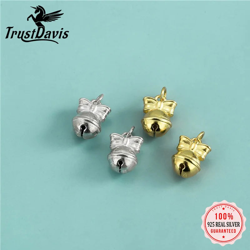 TrustDavis Real 925 Sterling Silver Sweet Bow Shaped Bell Pendant Handmade DIY Necklace Bracelet  Accessories Fine Gift DZ1644