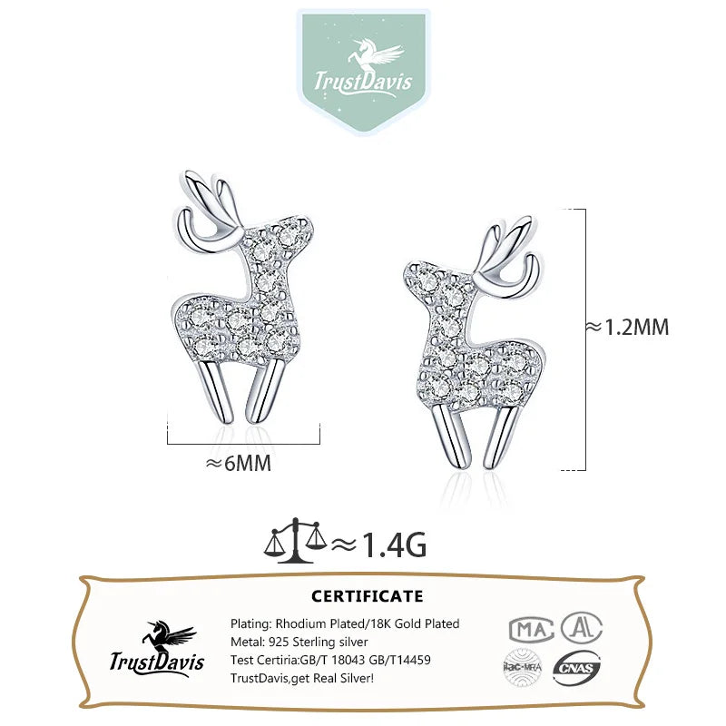 TrustDavis 925 Sterling Silver Women's Fashion Sweet Deer Zircon Animal Earrings for Women Girls Jewelry Gift DS4311