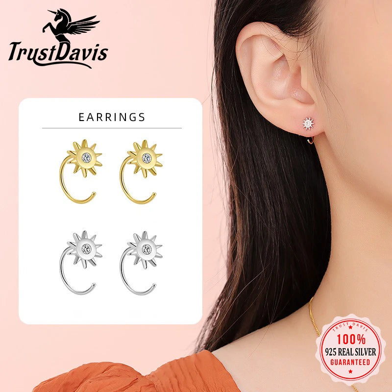 TrustDavis 925 Sterling Silver Women's Fashion Simple Sun Single Zirconia Stud Earrings for Women Girls Jewelry Gift DS4287