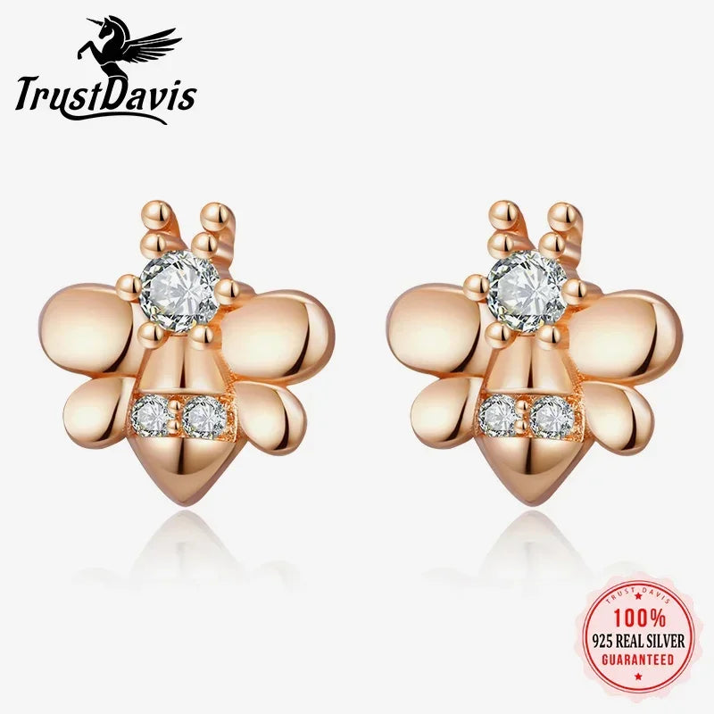 TrustDavis Real 925 Sterling Silver Insects Bee Rabbit Screw Stud Earrings Women Daughter Birthday Party Gift Jewelry DS4388