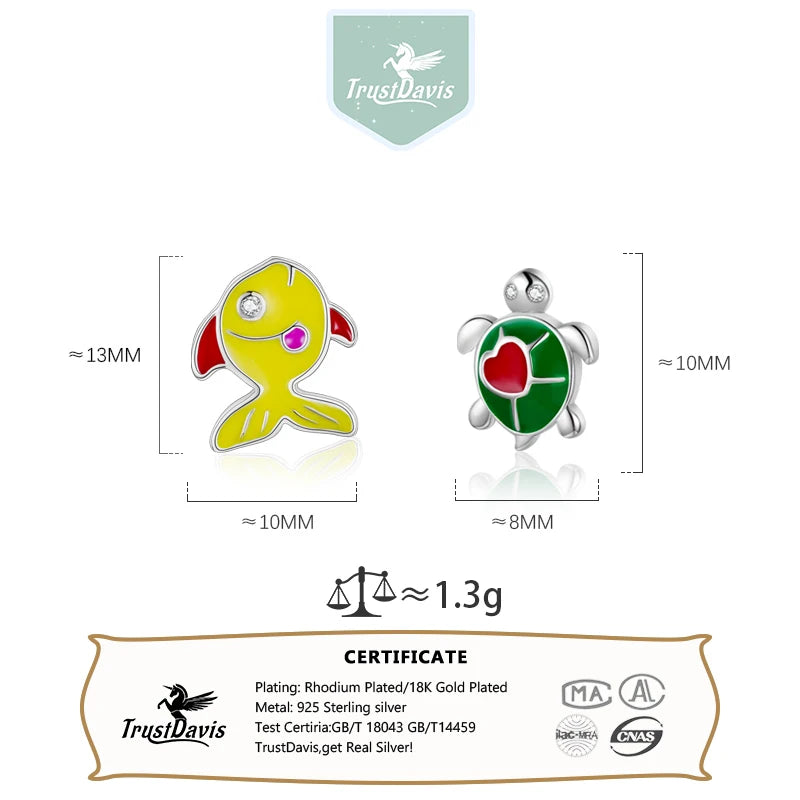 Trustdavis 2023 New 925 Sterling Silver Cute Turtle Stud Earrings Birthday Gift for Daugther Girls Kids Silver Jewelry DK108