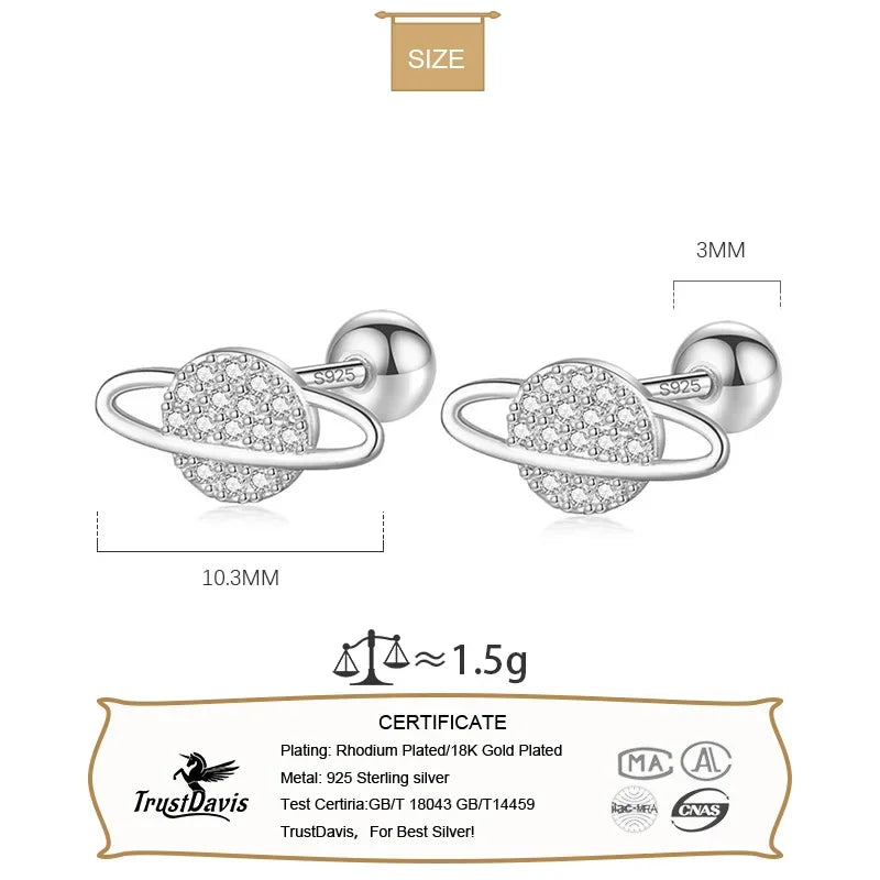 TrustDavis Real 925 Sterling Silver Planet Star Screw Stud Earrings For Women Wedding Party Fine Dazzling CZ S925 Jewelry DA2737