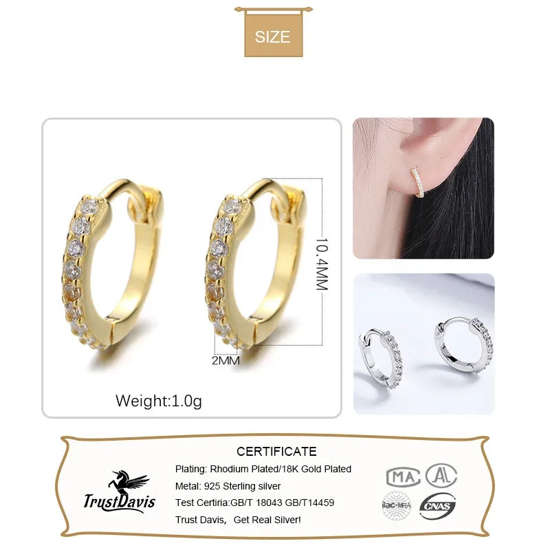 TrustDavis Real 925 Sterling Silver Fashion Sweet INS Charm Shiny CZ Hoop Earring For Women Wedding Birthday Fine Jewelry DA2195