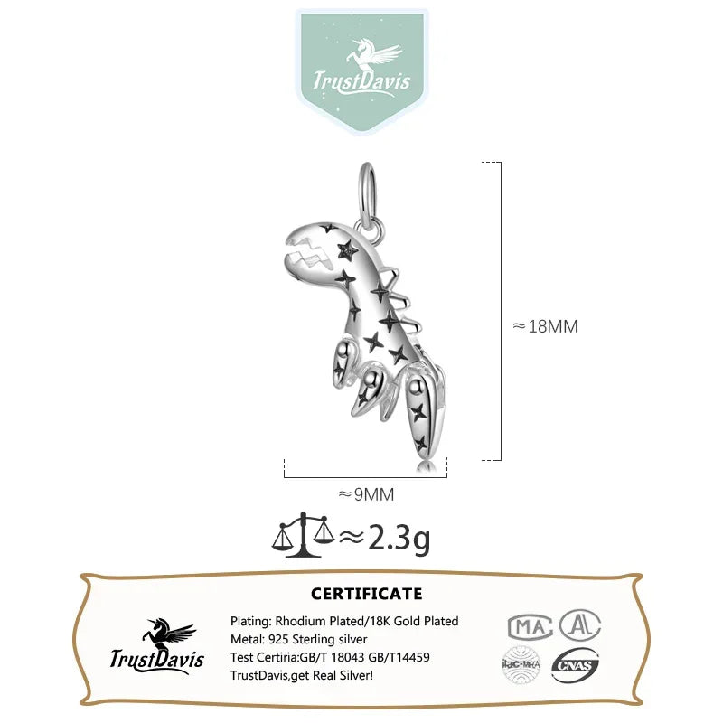 TrustDavis Real 925 Sterling Silver Fashion Dinosaurs Pendant Handmade DIY Fit Necklace Bracelet Accessories Fine Jewelry DZ770