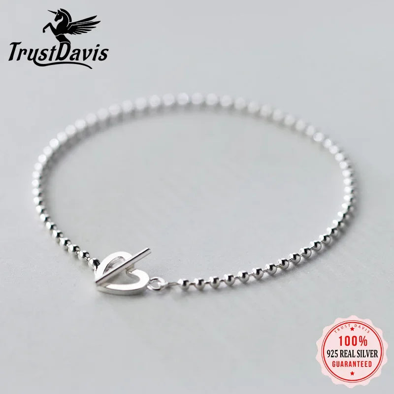 Trusta 100% 925 Solid Real Sterling Silver Fashion Beads Heart Star Bracelet 16cm For Teen Girls Lady Gift Women Jewelry DS1014