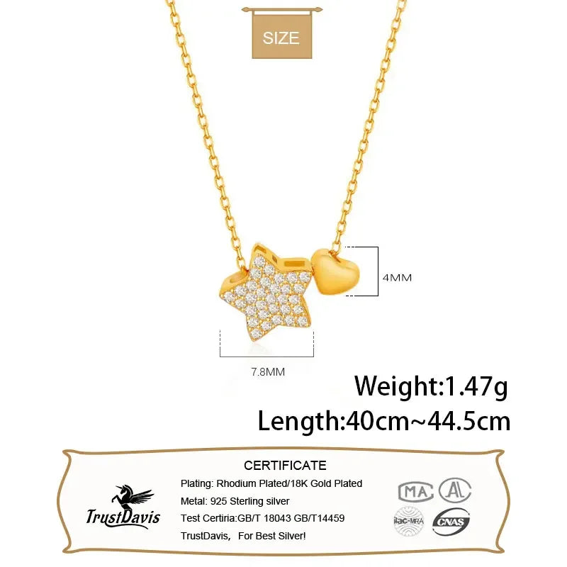 TrustDavis Real 925 Sterling Silver Necklace Sweet Star Heart CZ Pendant Necklace For Women Wedding Statement Fine Jewelry LB175
