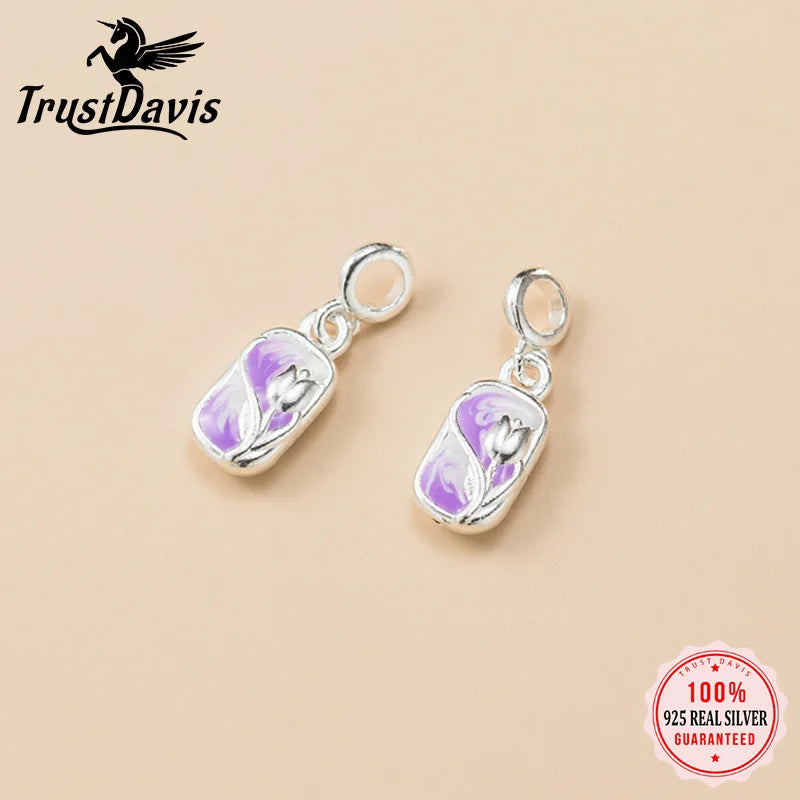 TrustDavis 925 Sterling Silver Fashion Classic Cute Square Tulip Pendant DIY Necklace Bracelet Accessories Fine Jewelry DZ1843